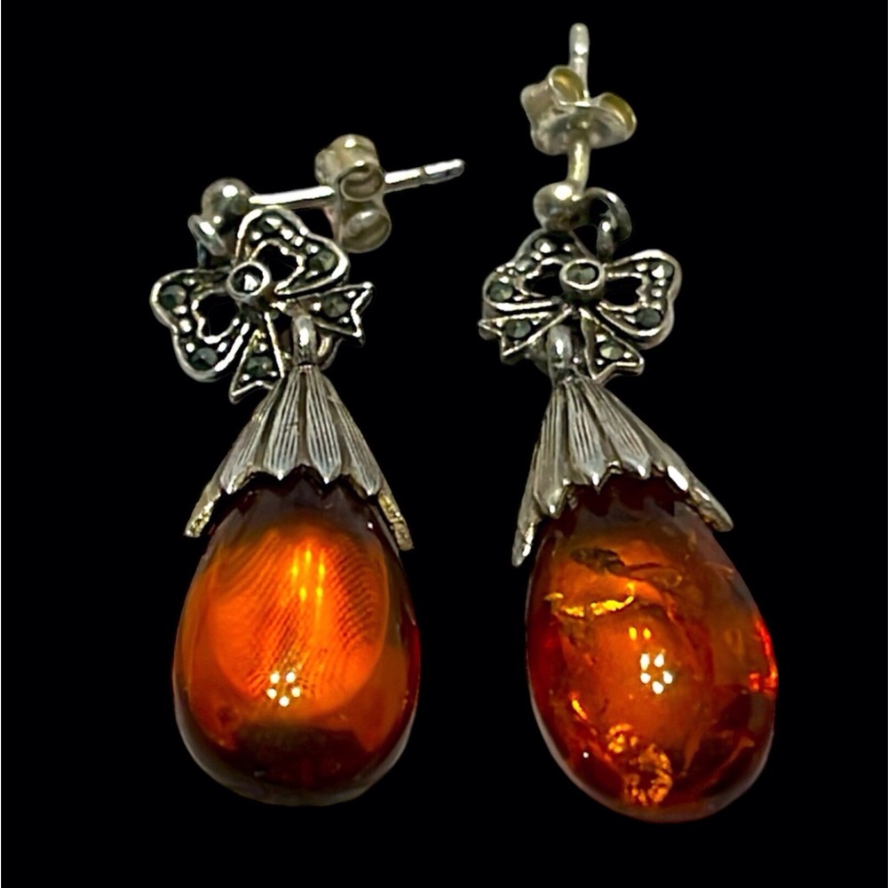 Sterling Silver Amber Dangle Post Earrings with Bow Accents. Pre Owned
